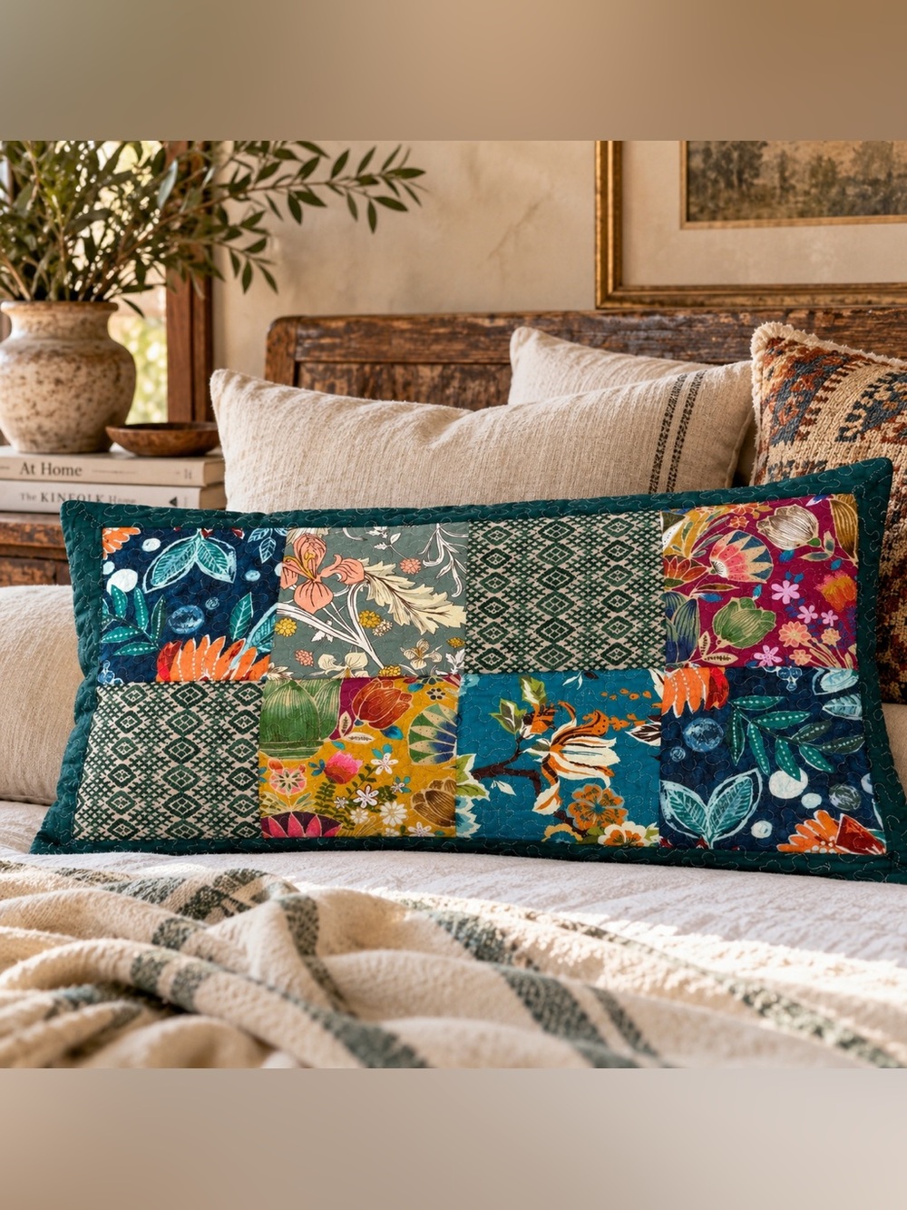 Boho Kantha Style Patchwork Pillow Cover 42x23 Quilted Floral Lumbar Hippie